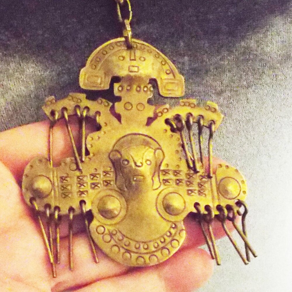 VINTAGE CALIMA COLUMBIA TWO FACED SHAMANS REPOUSSE BRASS W/FRINGE NECKLACE F